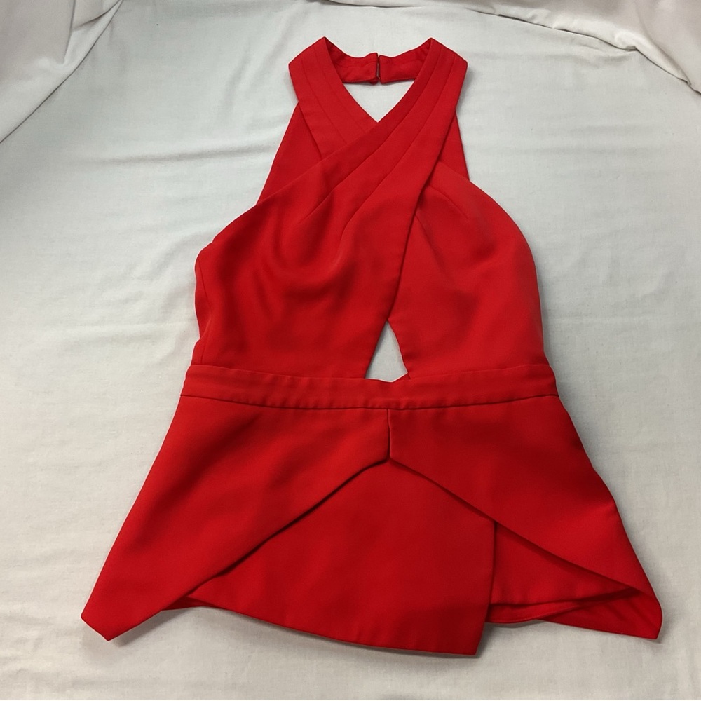 BCBGMaxAzria Women's Red Sleeveless Asymmetrical Cocktail Back Open Top, Size XS